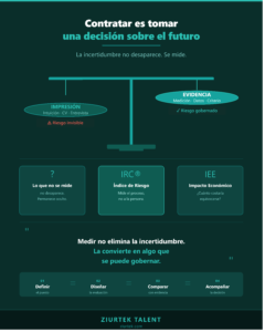 Ilustración con balanza que contrapone dos enfoques de contratación: a la izquierda, la impresión y la intuición como riesgo invisible; a la derecha, la evidencia y la medición como riesgo gobernado. Incluye los conceptos IRC® e IEE de Ziurtek Talent y las cuatro fases de la Metodología Ziurtek®: Definir, Diseñar, Comparar y Acompañar.