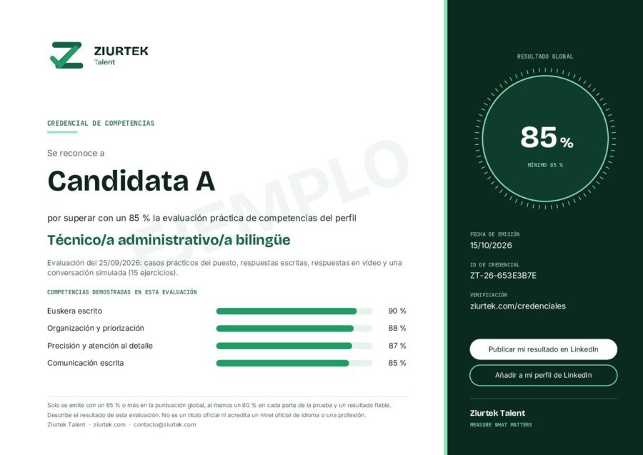 Credencial de competencias de Ziurtek para una candidata que superó la evaluación